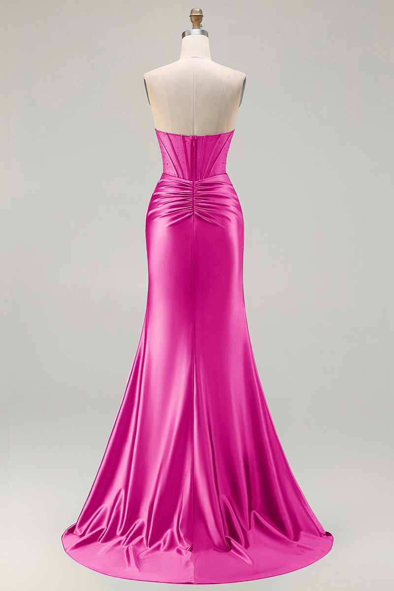 Load image into Gallery viewer, Dark Green Strapless Satin Mermaid Long Corset Prom Dress with Slit