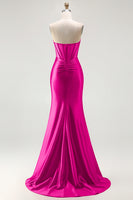 Load image into Gallery viewer, Sparkly Red Mermaid Satin Beaded Long Corset Prom Dress with Slit