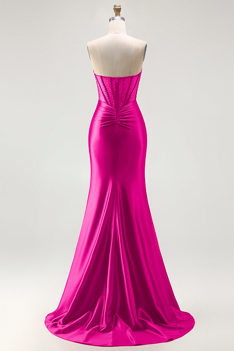 Load image into Gallery viewer, Sparkly Red Mermaid Satin Beaded Long Corset Prom Dress with Slit