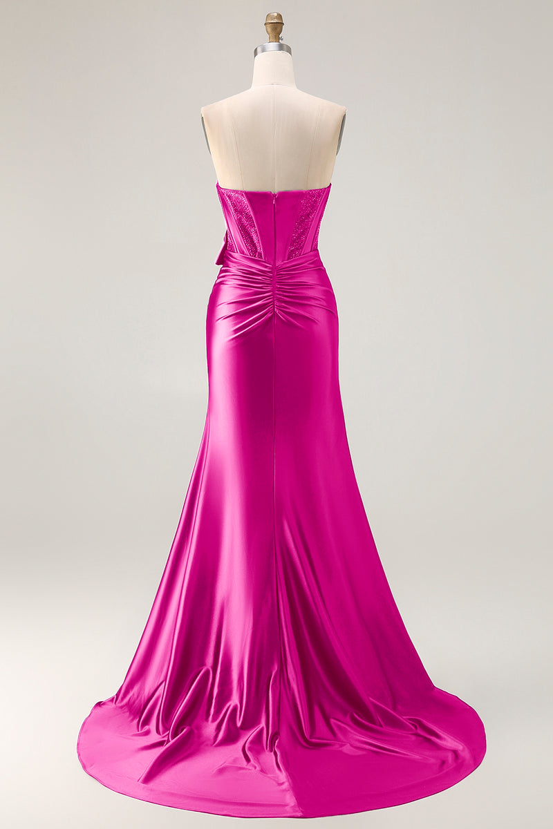 Load image into Gallery viewer, Navy Mermaid Strapless Corset Maxi Prom Dress with Slit
