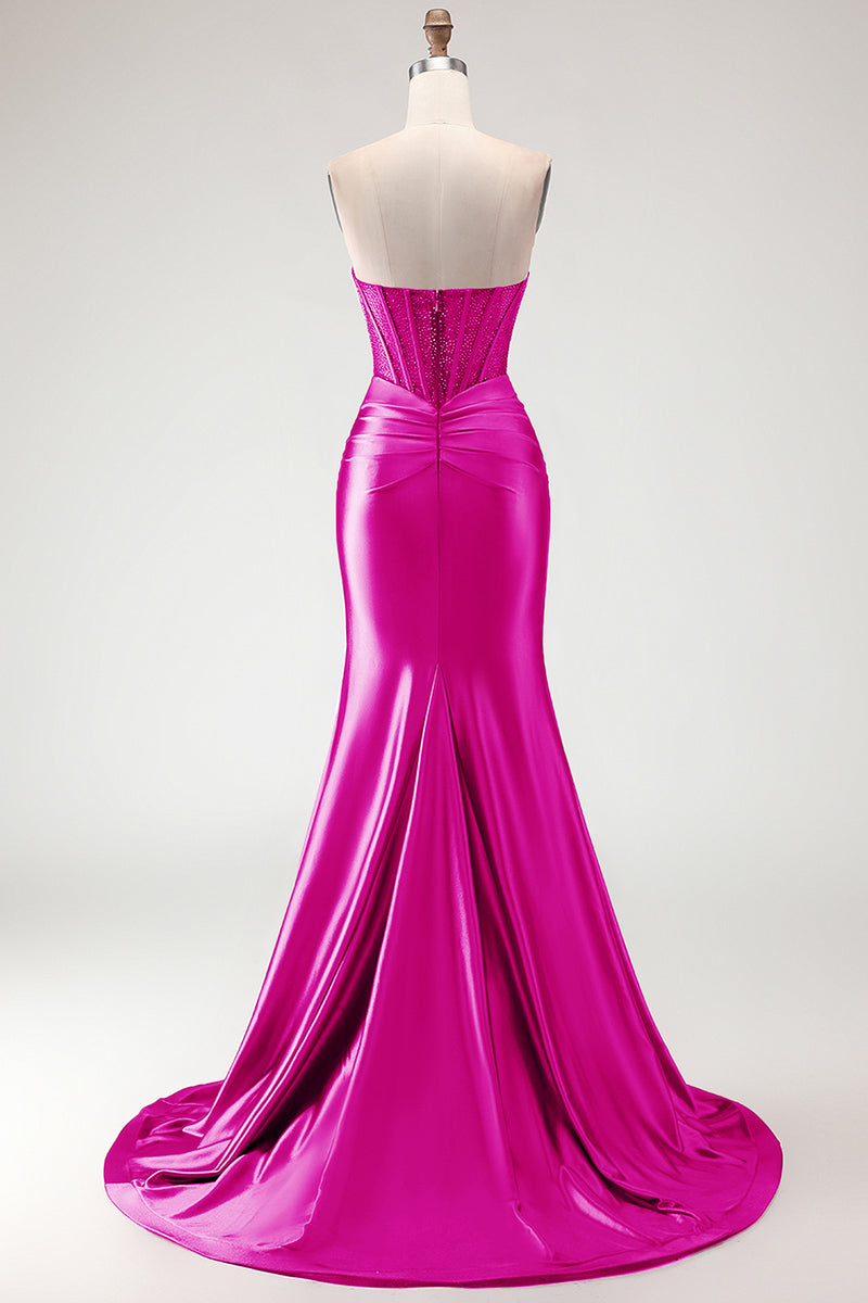 Load image into Gallery viewer, Burgundy Mermaid Satin Long Corset Prom Dress with Slit