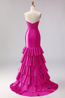 Load image into Gallery viewer, Red Satin Ruffled Mermaid Long Corset Prom Dress with Slit