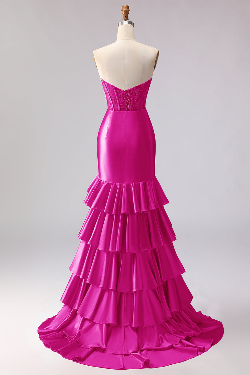 Load image into Gallery viewer, Red Satin Ruffled Mermaid Long Corset Prom Dress with Slit