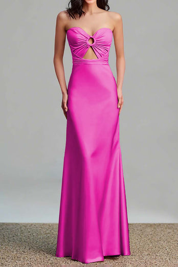 Pink Satin Sheath Sweetheart Cut Out Maxi Formal Dress