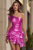 Load image into Gallery viewer, Gold Ruched One Shoulder Metallic Ruffled Bodycon Short Cocktail Dress