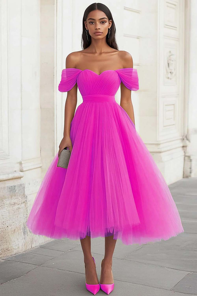 Load image into Gallery viewer, Yellow Tulle Off the Shoulder Midi Formal Dress