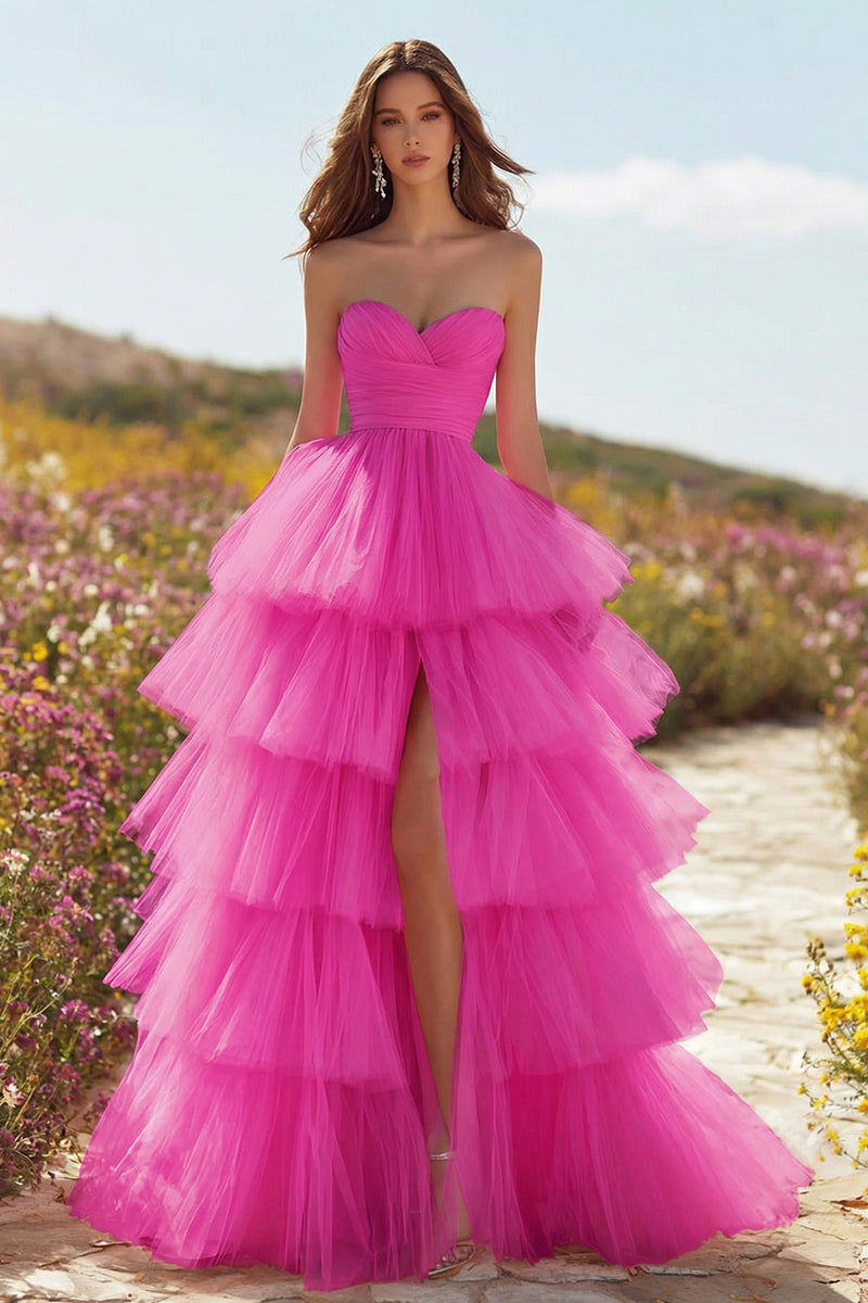 Load image into Gallery viewer, Princess Pink Tulle Sweetheart Long Prom Dress with Ruffles