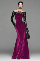 Load image into Gallery viewer, Burgundy Velvet Long Sleeves Mermaid Holiday Party Dress with Lace