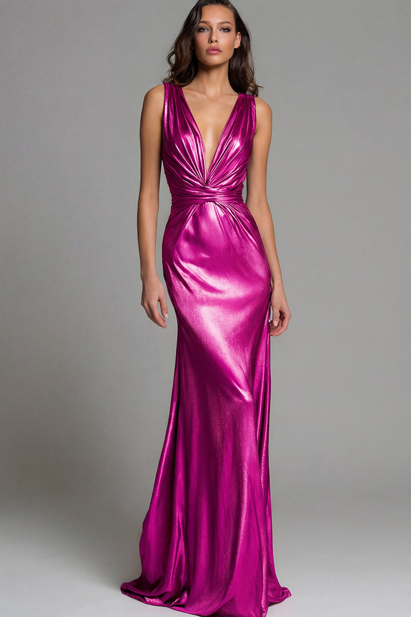 Load image into Gallery viewer, Sparkly Gold Metallic Deep V-Neck Long Formal Dress
