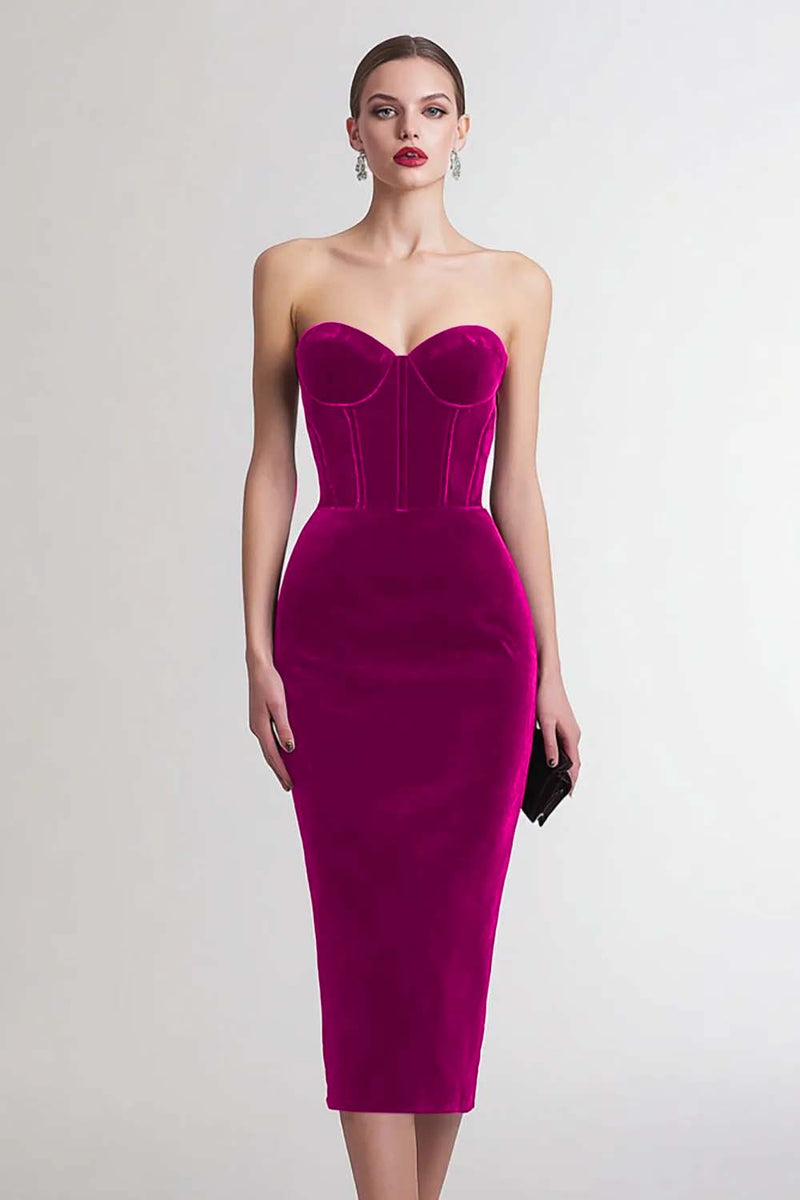 Load image into Gallery viewer, Burgundy Sweetheart Sheath Midi Velvet Corset Holiday Party Dress