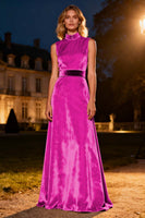 Load image into Gallery viewer, Pink Velvet High Neck Long Holiday Party Dress with Belt