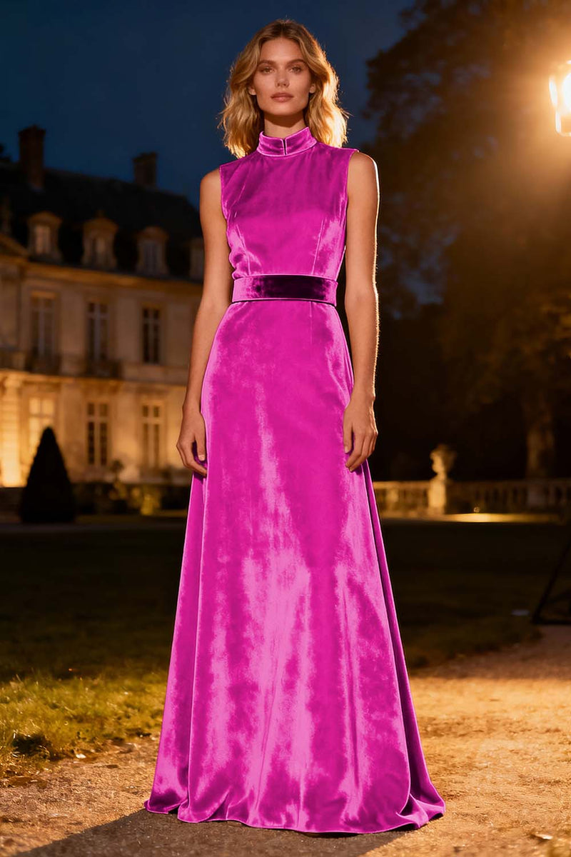 Load image into Gallery viewer, Pink Velvet High Neck Long Holiday Party Dress with Belt