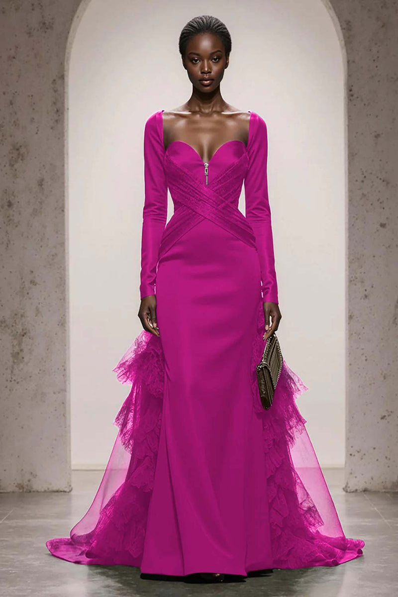 Load image into Gallery viewer, Dark Green Satin Sweetheart Mermaid Long Sleeves Formal Dress with Ruffles