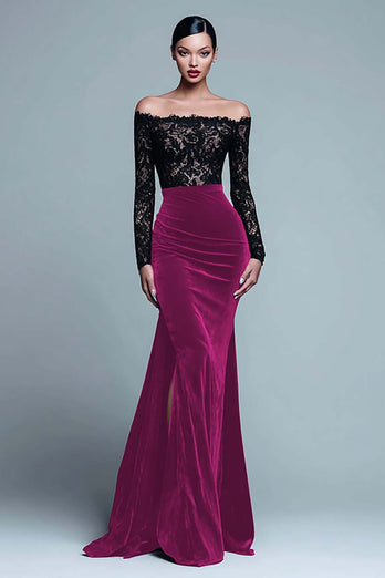 Black and Burgundy Velvet Mermaid Long Sleeves Holiday Party Dress with Lace
