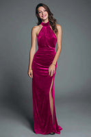 Load image into Gallery viewer, Burgundy Mermaid Halter Velvet Ruched Long Holiday Party Dress with Slit