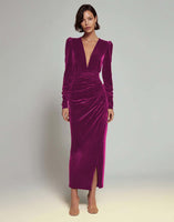 Load image into Gallery viewer, Olive Sheath Deep V-Neck Velvet Long Holiday Party Dress with Sleeves
