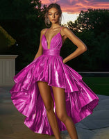 Load image into Gallery viewer, Sparkly Gold Metallic Ruched A Line High-Low Cocktail Dress