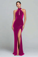 Load image into Gallery viewer, Burgundy Velvet Halter Keyhole Mermaid Maxi Holiday Party Dress with Slit