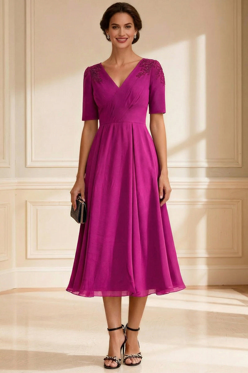 Load image into Gallery viewer, V-Neck Navy A-Line Midi Mother of the Bride Dress