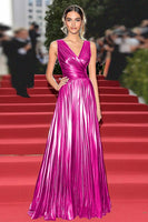 Load image into Gallery viewer, Gold V-Neck Metallic Pleated A Line Long Formal Dress