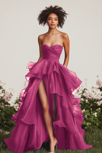 Navy Strapless Ruched Tiered Long Formal Dress with Slit