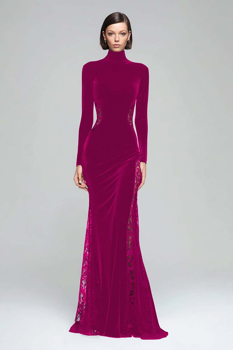 Load image into Gallery viewer, Black Velvet Mermaid High Neck Maxi Formal Dress with Lace