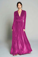 Load image into Gallery viewer, Brown Pleated Velvet A Line Long Sleeves Holiday Party Dress