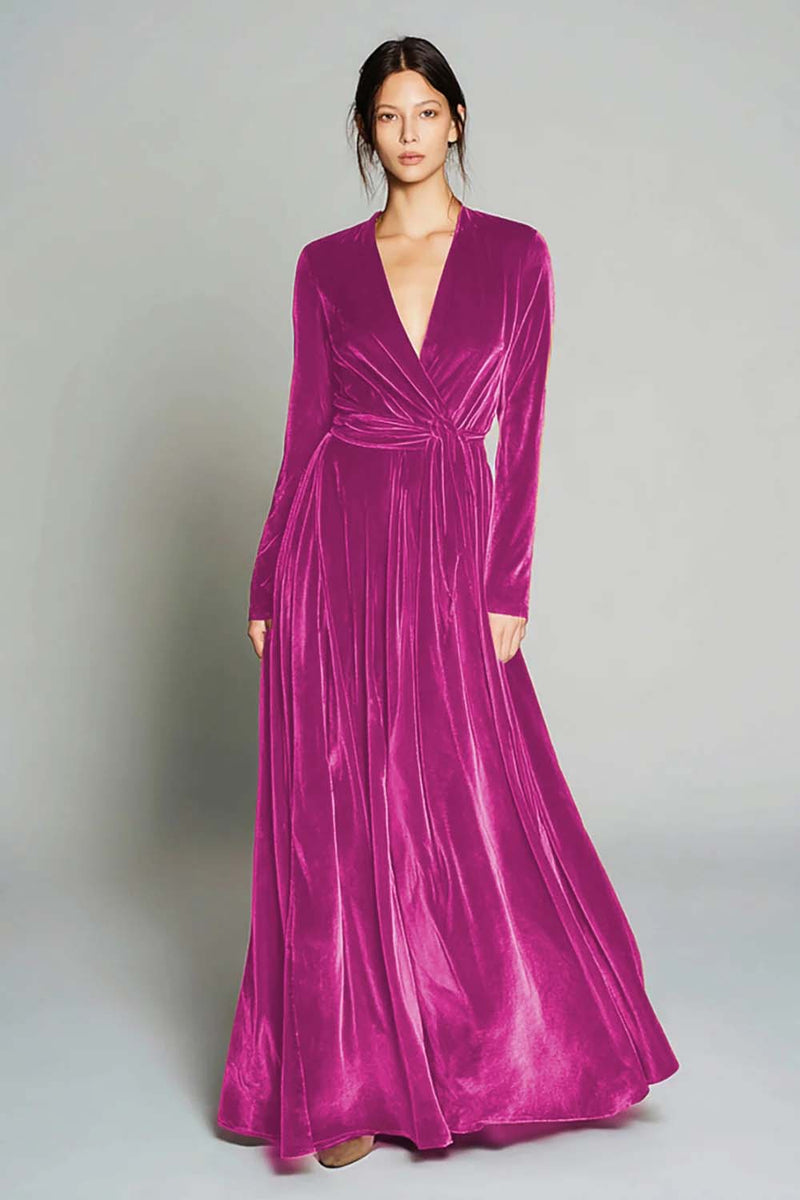 Load image into Gallery viewer, Brown Pleated Velvet A Line Long Sleeves Holiday Party Dress