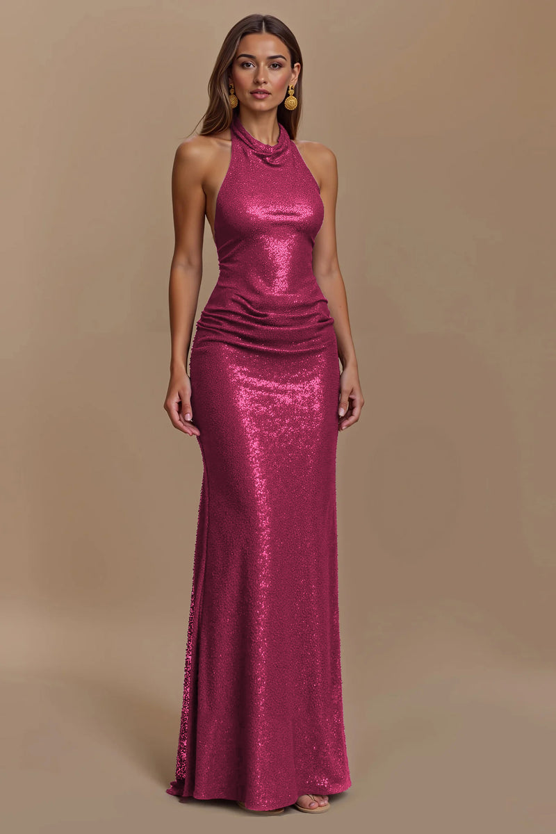 Load image into Gallery viewer, Glitter Burgundy Sheath Halter Ruched Long Holiday Party Dress
