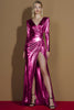 Load image into Gallery viewer, Metallic Golden V-Neck Glitter Long Sleeves Gala Dress with Slit