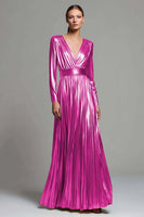 Load image into Gallery viewer, Sparkly Gold Metallic V-Neck Pleated A-Line Long Sleeves Formal Dress