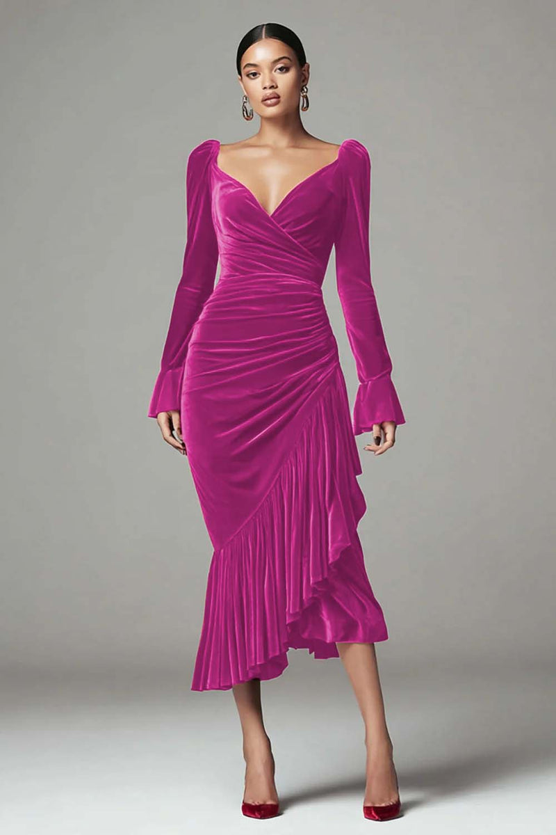 Load image into Gallery viewer, Burgundy Mermaid Ruched Velvet Holiday Party Dress with Ruffles