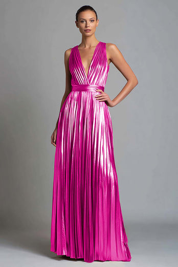 Sparkly Gold Metallic A-Line V-Neck Pleated Long Formal Dress
