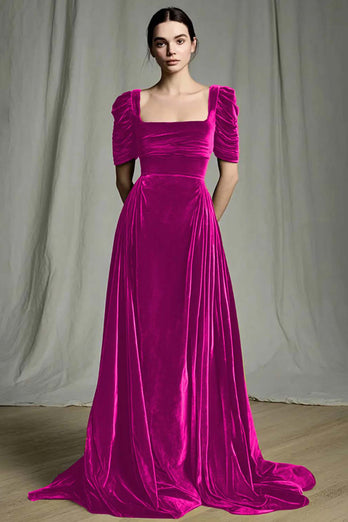 Olive A Line Velvet Square Neck Long Holiday Party Dress with Sleeves