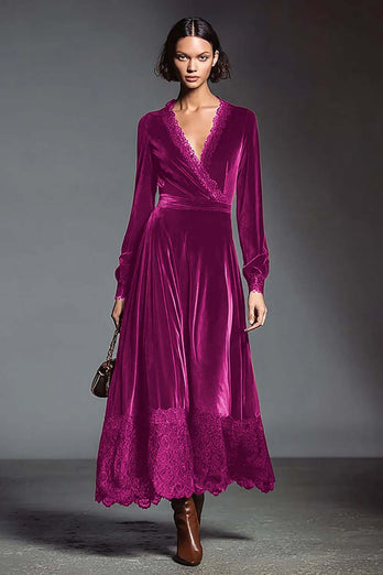 Coffee V-Neck Long Sleeves Velvet Holiday Party Dress with Lace