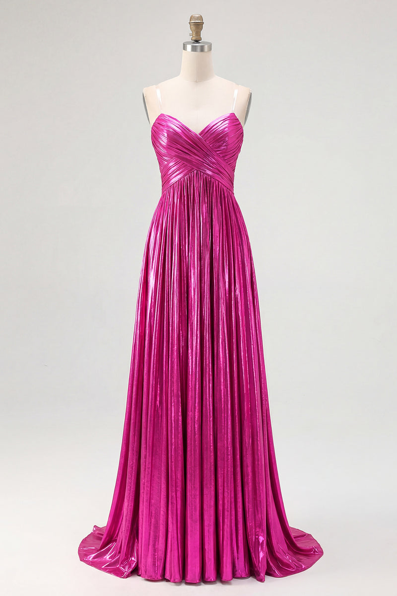 Load image into Gallery viewer, Gold Pleated Metallic Strapless A Line Long Prom Dress