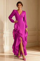 Load image into Gallery viewer, Purple V Neck Asymmetrical Ruffled Mother of the Bride Dress with Slit