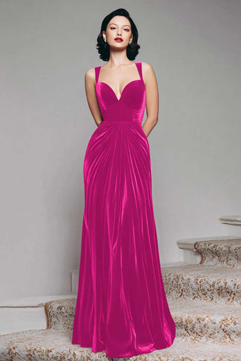 Burgundy Mermaid Velvet Thick Straps Ruched Long Holiday Party Dress
