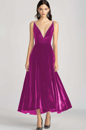 Burgundy Velvet V-Neck A Line Long Formal Dress