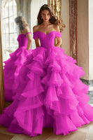 Load image into Gallery viewer, Pink Ball Gown Tulle Off the Shoulder Tiered Long Prom Dress