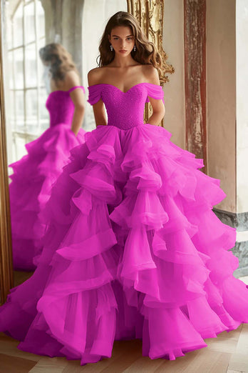 Princess Ball Gown Dusty Blue Off the Shoulder Long Tulle Prom Dress