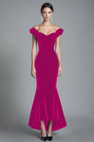Load image into Gallery viewer, Black Off the Shoulder Asymmetrical Velvet Long Formal Dress