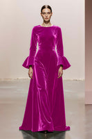 Load image into Gallery viewer, Dark Green Round Neck A Line Velvet Long Formal Dress with Sleeves