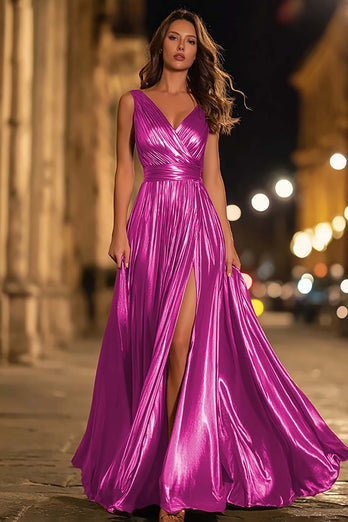 Sparkly Gold Metallic A-Line Ruched V-Neck Long Formal Dress with Slit
