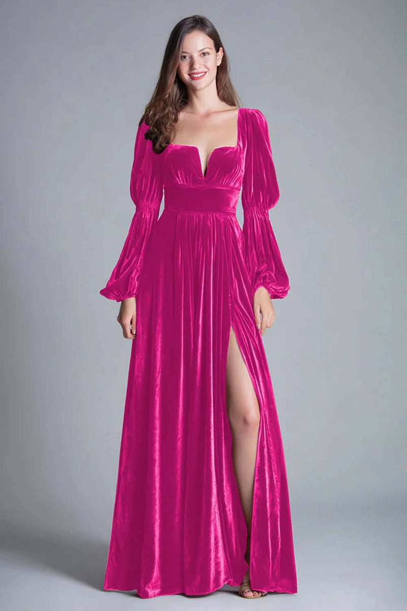 Load image into Gallery viewer, Burgundy A-Line Puff Sleeves Velvet Long Holiday Party Dress with Slit
