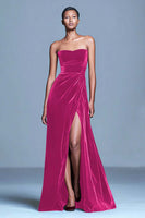 Load image into Gallery viewer, Burgundy Velvet Long Strapless Holiday Party Dress with Slit