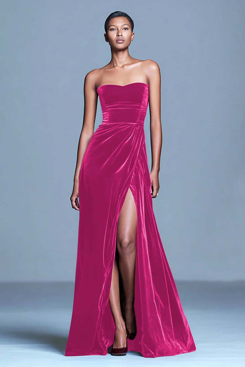 Load image into Gallery viewer, Burgundy Velvet Long Strapless Holiday Party Dress with Slit