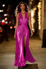 Load image into Gallery viewer, Sparkly Gold Metallic Halter Ruched Long Formal Dress with Slit