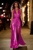 Load image into Gallery viewer, Sparkly Gold Metallic Halter Ruched Long Formal Dress with Slit