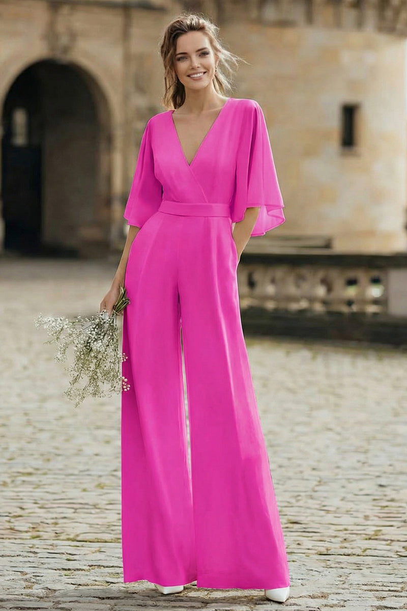 Load image into Gallery viewer, Ivory V-Neck Long Wedding Half Sleeves Jumpsuits with Pockets